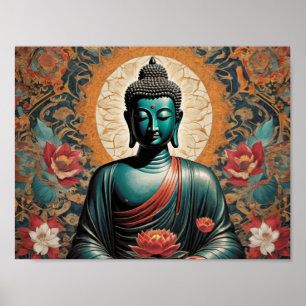 Siddarta Gautama Buddha in meditation with flowers Poster