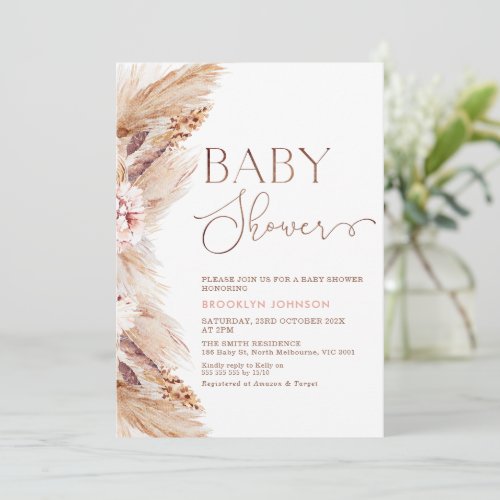 Side Boho Floral Pampas Grass Baby Shower Invitation