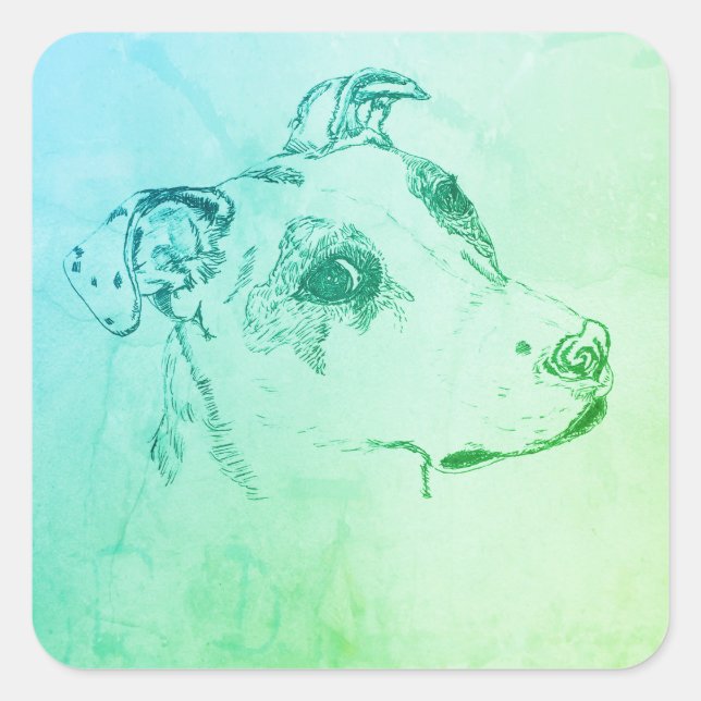 Side eye, retro style square puppy dog sticker  (Front)