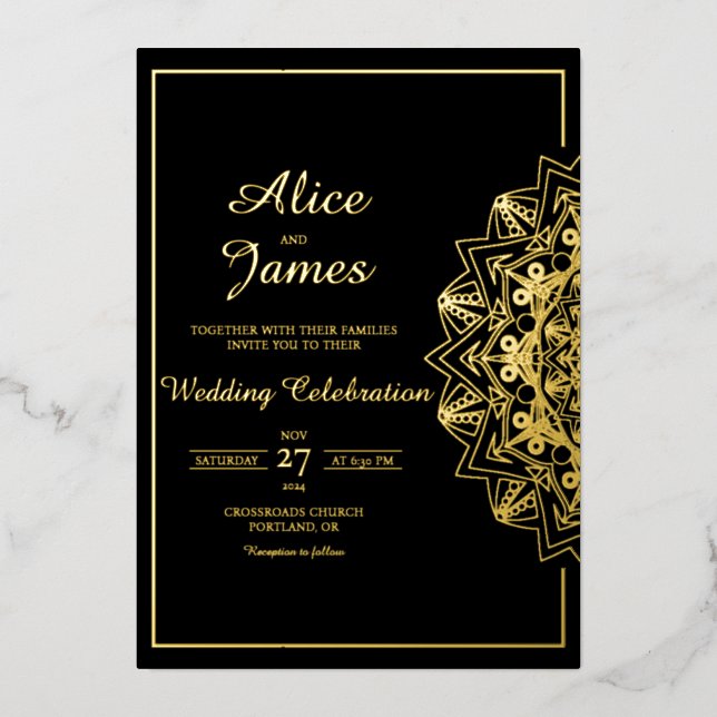 Side Mandala Frame Elegant Black Gold Foil Wedding Invitation (Front)