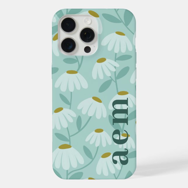 Side Monogram Initials Teal Blue Floral Pattern iPhone Case (Back)