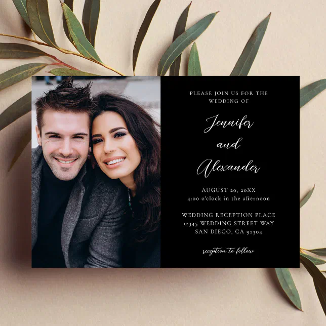 Side Photo Mod El Calligraphy Wedding Black Invitation | Zazzle