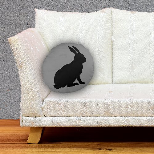 Side Profile Sitting black Rabbit Marbled Grey Round Pillow