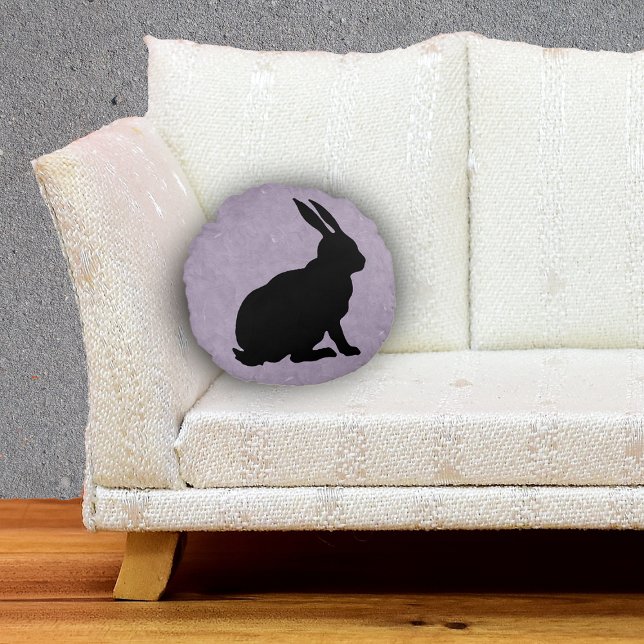 Side Profile Sitting black Rabbit Marbled Purple Round Pillow (Sitting black silhouette bunny rabbit on marbled purple round throw decorative pillow.)