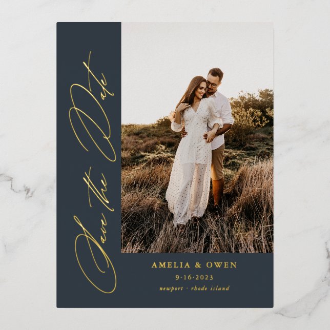 Side Script Minimalist Modern Photo Wedding Foil I Foil Invitation Postcard (Front)