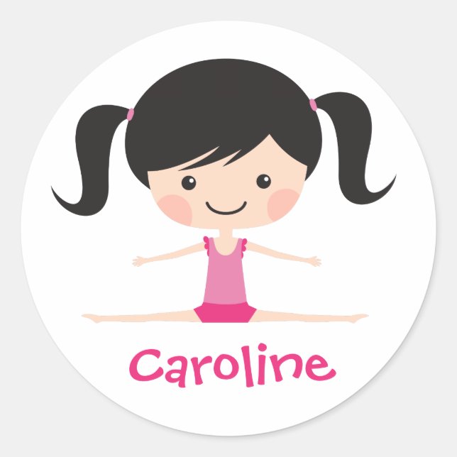 Side split gymnast girl cartoon custom name classic round sticker (Front)