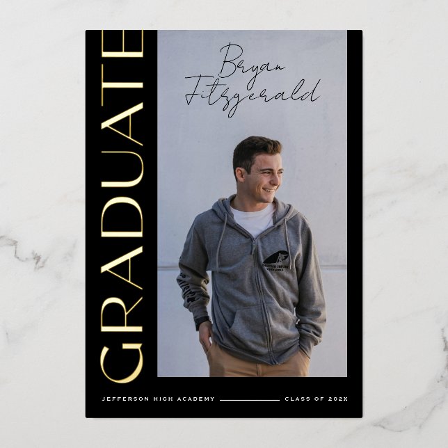 Side Text Modern Black and Gold Grad Announcement (Front)