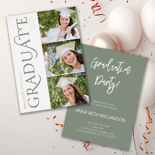 Side Typography 3 Photo Sage Graduation Party Foil Invitation