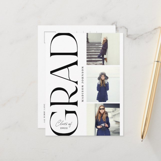 Side Typography Graduation 2022 3 Photo Party Announcement Postcard (Front/Back In Situ)