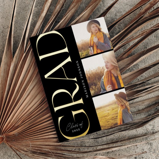 Side Typography Graduation 2022 3 Photo Party Foil Foil Invitation (Creator Uploaded)