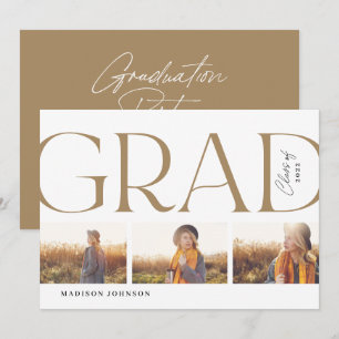 Side Typography Graduation 2022 3 Photo Party Gold Invitation