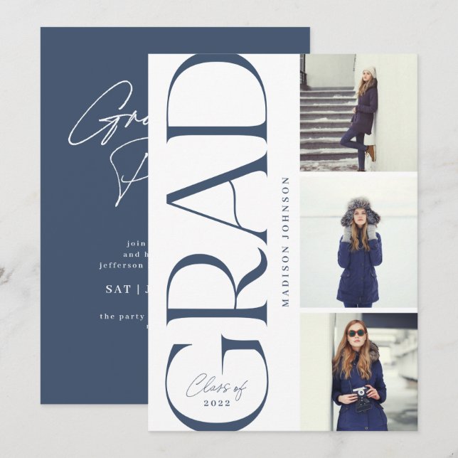 Side Typography Graduation 2022 3 Photo Party Navy Invitation (Front/Back)