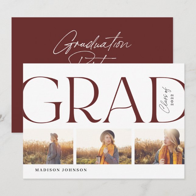 Side Typography Graduation 2022 3 Photo Party Red Invitation (Front/Back)
