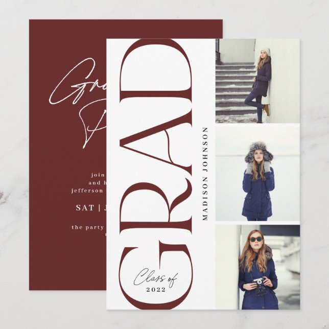 Side Typography Graduation 2022 3 Photo Party Red Invitation (Front/Back)