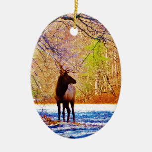 Side view Bull elk in Snow Ceramic Ornament