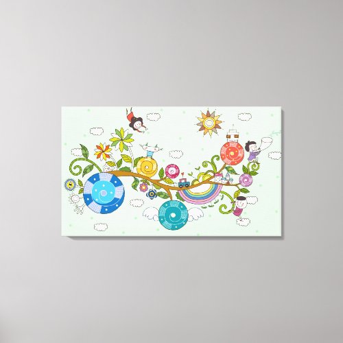 Side view of children playing on tree branch canvas print