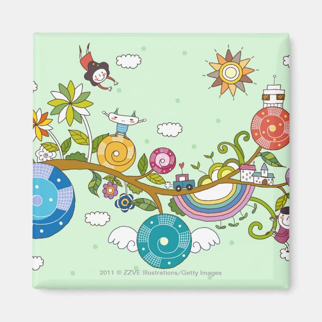 Side view of children playing on tree branch magnet (Front)