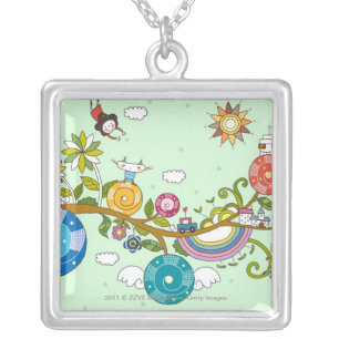 Side view of children playing on tree branch silver plated necklace