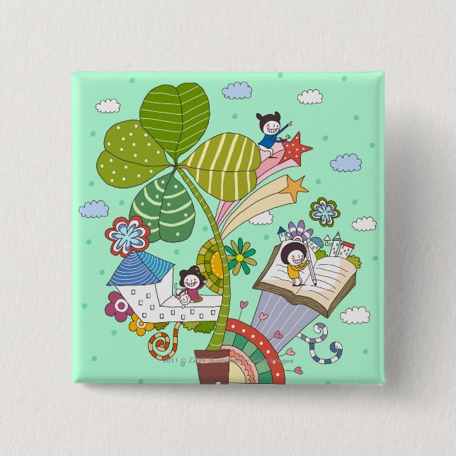 Side view of children studying by potted plant button (Front)