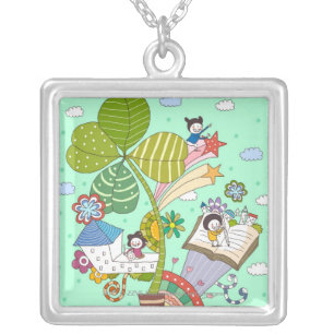 Side view of children studying by potted plant silver plated necklace