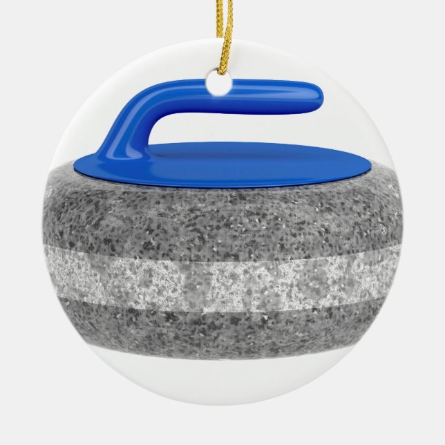 Side view of curling stone ceramic ornament (Front)