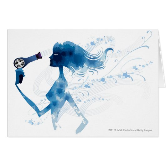 Side view of woman blow drying long hair cards (Front Horizontal)