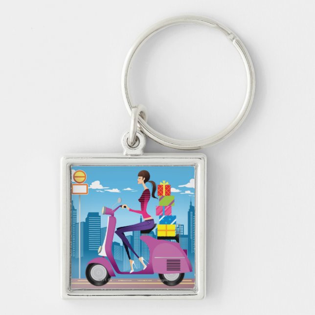 Side view of woman with gifts on scooter keychain (Front)