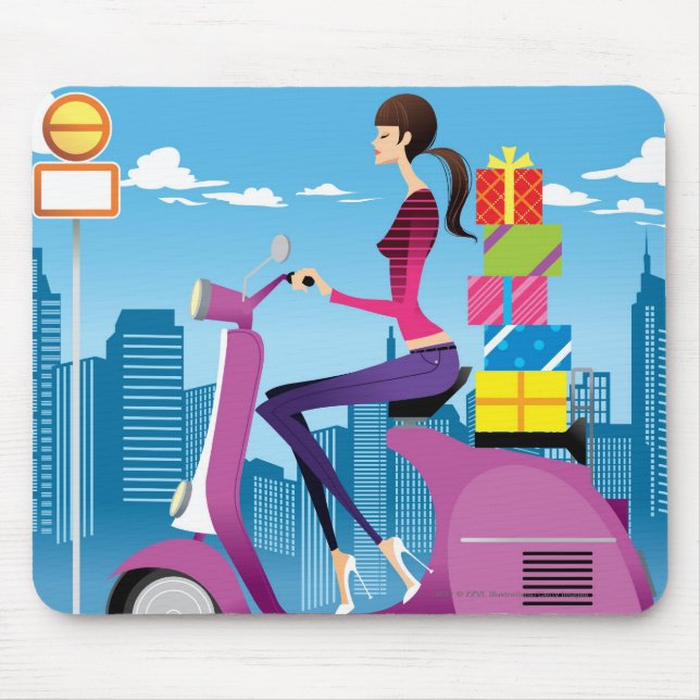 Side view of woman with gifts on scooter mouse pad (Front)