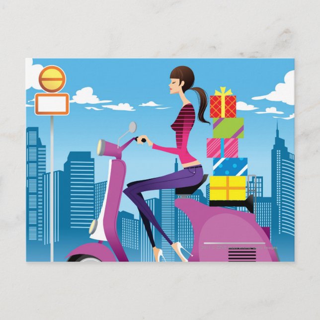 Side view of woman with gifts on scooter postcard (Front)