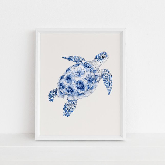 Side View Sea Turtle – Coastal Blue on Beige Poster (Side View Sea Turtle – Coastal Blue on Beige Poster in a white frame on the floor)