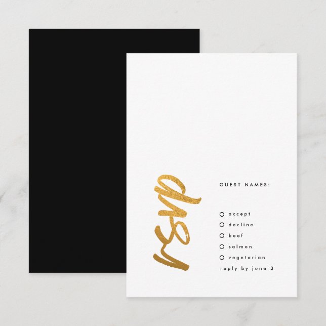 Side Ways Black Gold Foil Modern Simple Wedding RSVP Card (Front/Back)