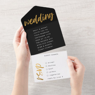 Side Ways Black Gold Modern Simple Wedding All In One Invitation
