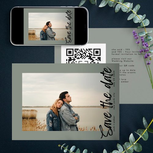 Side Ways QR Code Modern Simple Photo Moss Green Save The Date