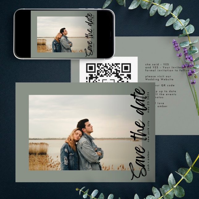 Side Ways QR Code Modern Simple Photo Moss Green Save The Date (Creator Uploaded)
