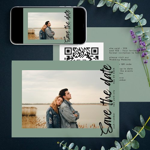 Side Ways QR Code Photo Sage Green White Save The Date