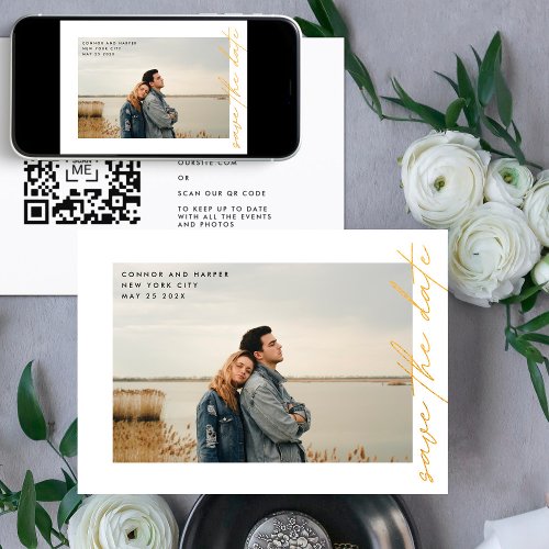 Side Ways QR Code Simply Elegant Gold Photo Border Save The Date