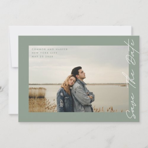 Side Ways Sage Green White QR Code Photo Save The Date