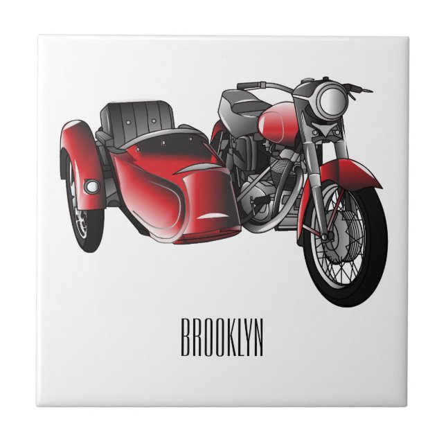 Sidecar motorcycle cartoon illustration  ceramic tile (Front)