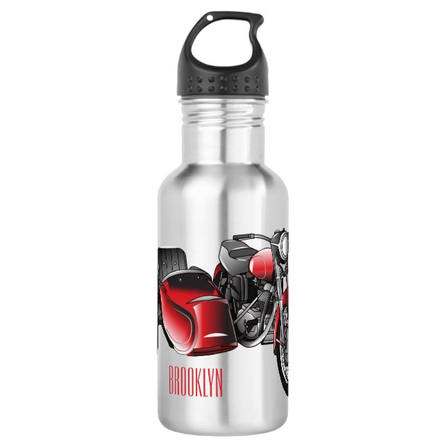 Sidecar motorcycle cartoon illustration  stainless steel water bottle (Front)