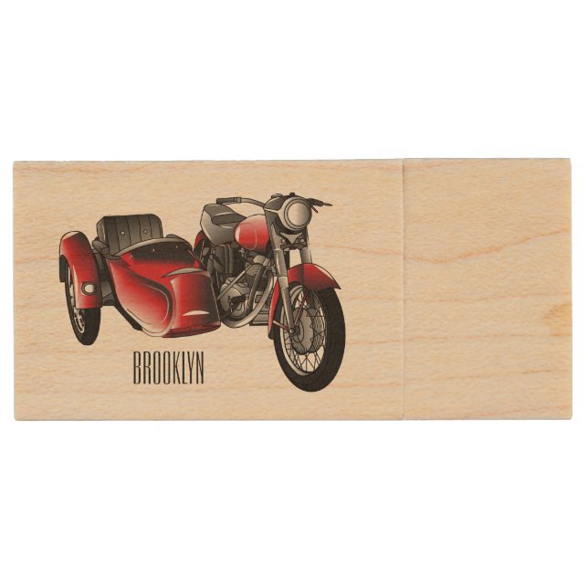 Sidecar motorcycle cartoon illustration  wood flash drive (Front)