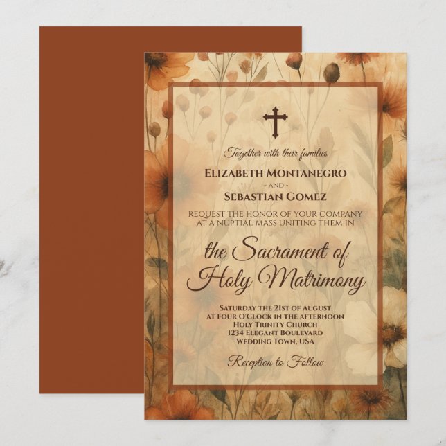 Sienna Boho Watercolor Floral Catholic Wedding Invitation (Front/Back)