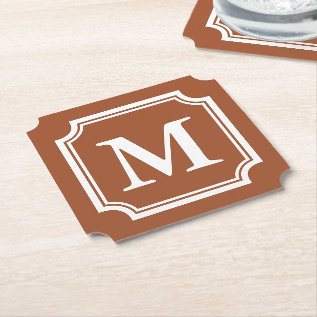 Sienna brown elegant border custom monogram paper coaster (Angled)