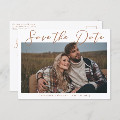 Sienna Brown Script Couple Photo Chic Fall Announcement Postcard