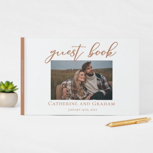 Sienna Brown Script Couple Photo Wedding Guest Book