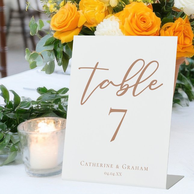 Sienna Brown Script Custom Wedding Table Number Pedestal Sign (Creator Uploaded)