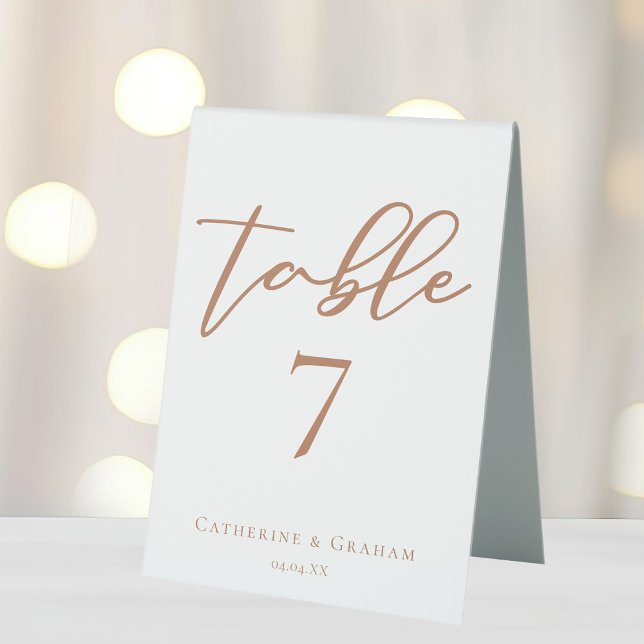 Sienna Brown Script Minimalist Custom Wedding Table Tent (Creator Uploaded)