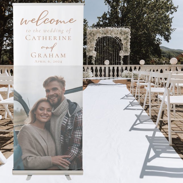 Sienna Brown Script Wedding Welcome Couple Photo Retractable Banner (Creator Uploaded)