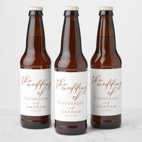 Sienna Brown Typography Minimalist Wedding Beer Bottle Label