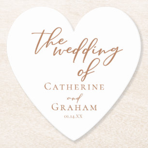 Sienna Brown Typography Minimalist Wedding Heart Paper Coaster
