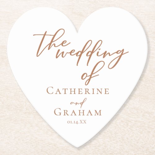 Sienna Brown Typography Minimalist Wedding Heart Paper Coaster